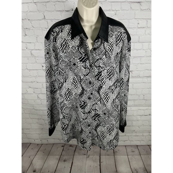 Jordan Woman Black White Vegan Leather Collar/Sleeve Cuffs/Buttons Button Up 16W - Picture 1 of 11
